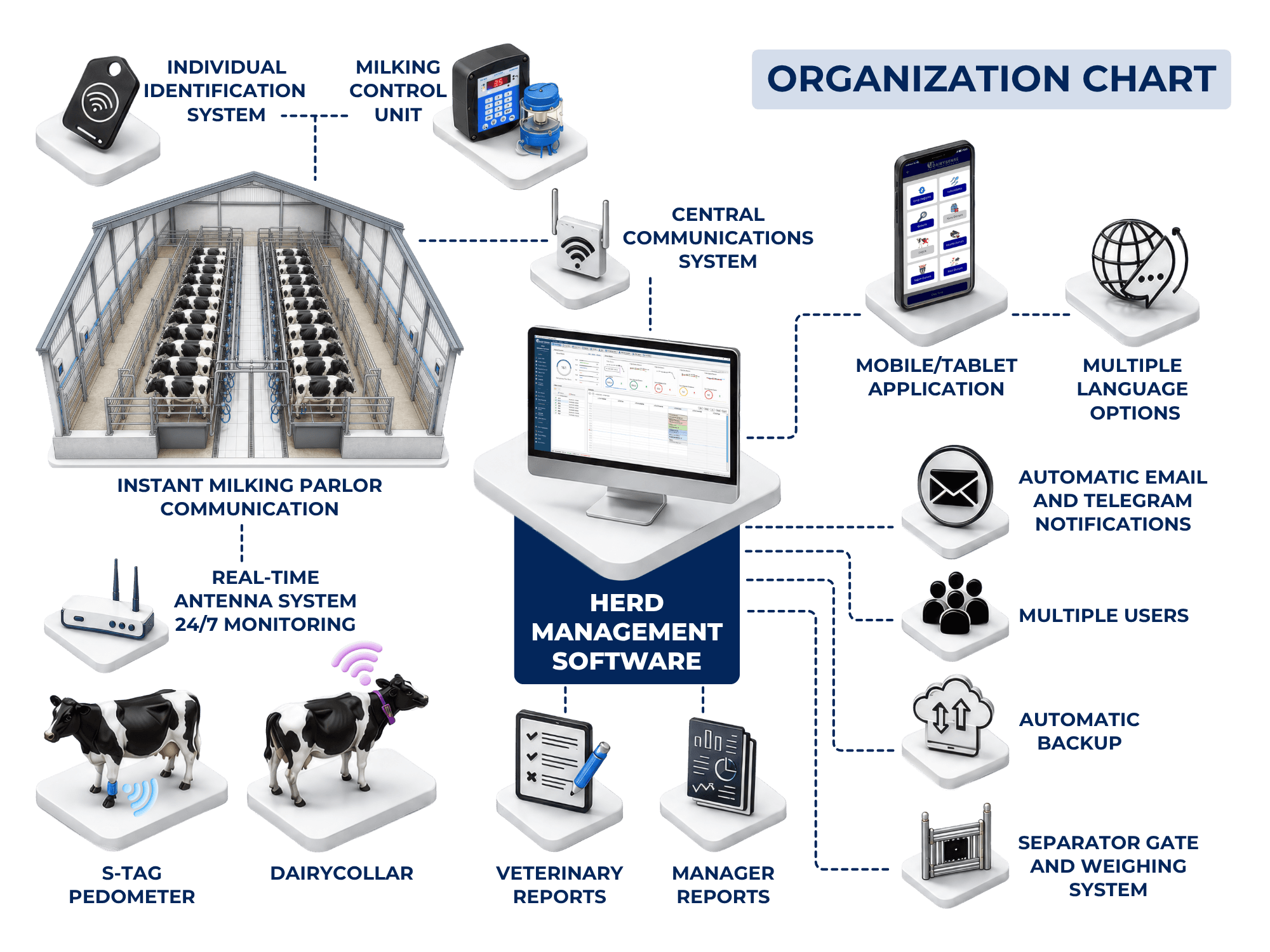 Diagrama de organización del sistema de gestión del rebaño de Dairysense